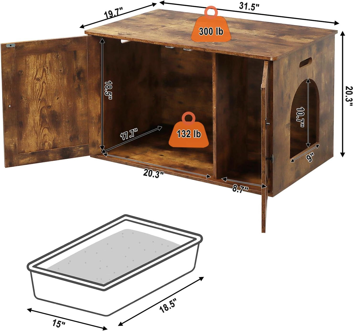 Timberer Cat Litter Box Enclosure, Hidden Litter Box Furniture with Divider | Wooden Cat Washroom Furniture, Indoor Cat House, Dog-Proof, Fits Most of Litter Box, Rustic Brown