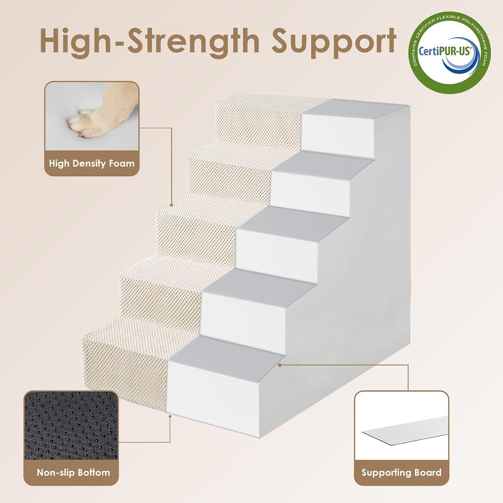 EHEYCIGA Dog Stairs for Bed 22.5" H, 5-Step Extra Wide Dog Steps, Beige