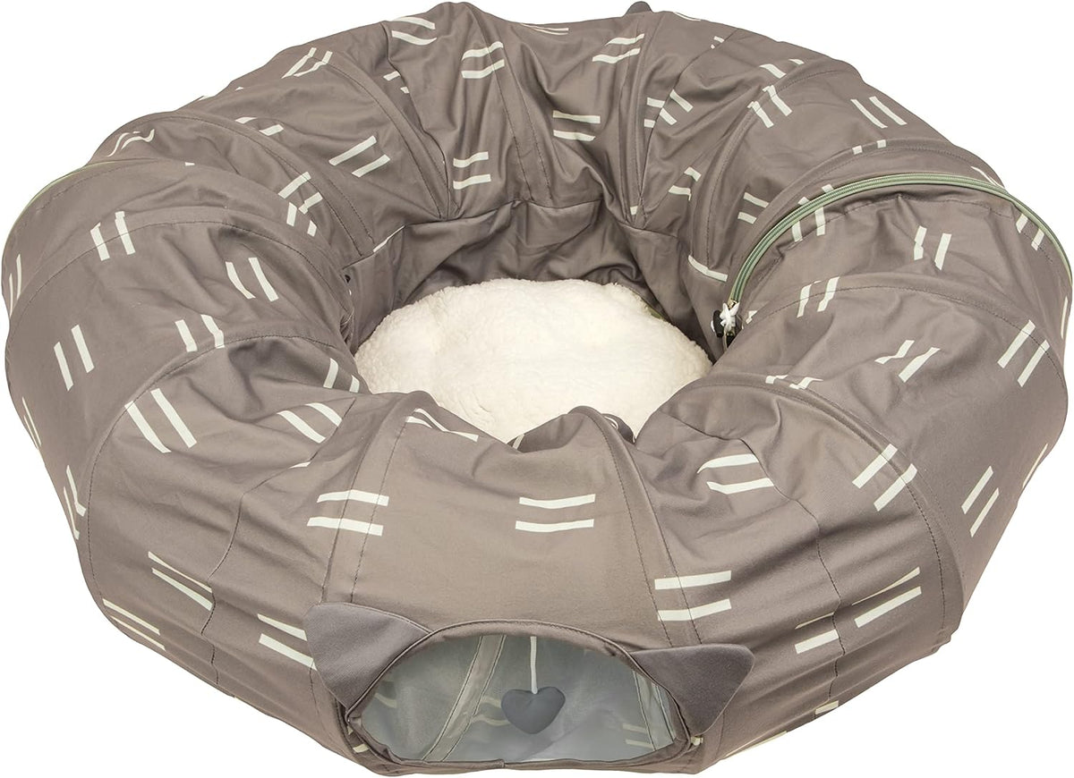 Kitty City Large Cat Tunnel Bed, 2-in-1 Zip-Together Cat Play Tunnel & Plush Nap Bed, Pop-Up Indoor Cat Toy with Hanging Toys, Collapsible Design - Brown