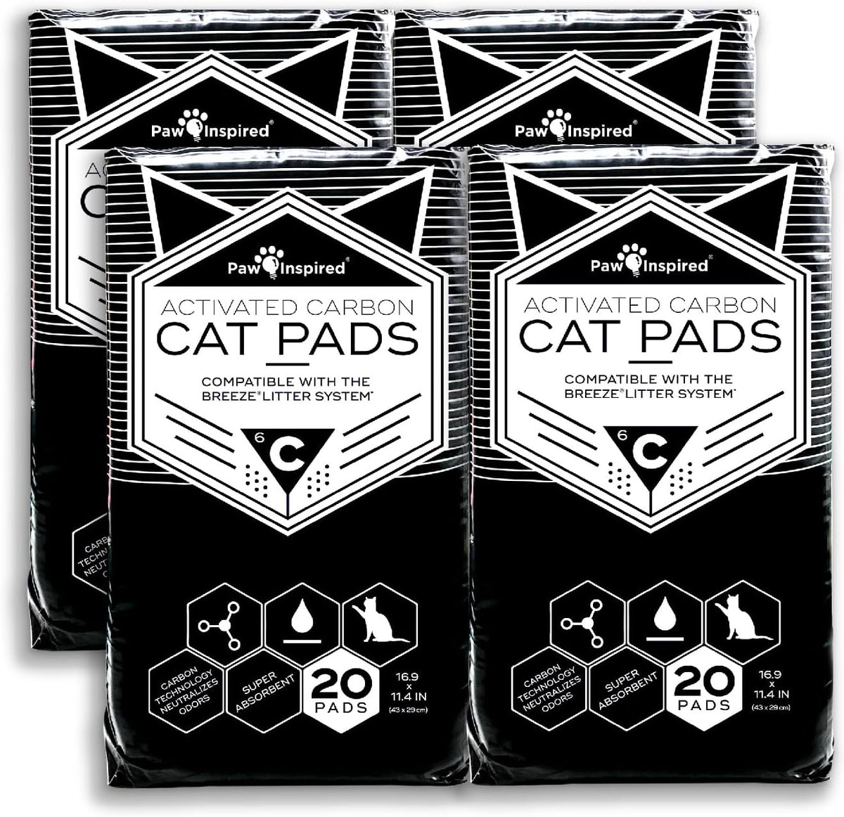 Paw Inspired Cat Pads, Carbon, 16.9 x 11.4 Inch, 80 Count Bulk Pack | Generic Refills for Tidy Cats Breeze Litter Box System, Super Absorbent Pee Pads, Kitty Litter Liners for Easy Cleaning