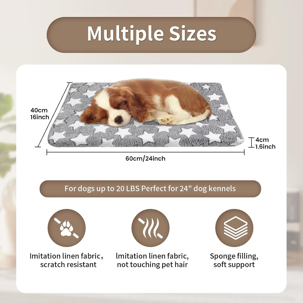 Dog Crate Mats, Dog Bed Mat, Cat Mat - Short Plush Pet Mat Crate Pad for Small Dogs, 1.6-inch Thick Thin Dog Mat, Machine Washable (Grey Star, 24.0" L x 16.0" W x 1.6" Th)