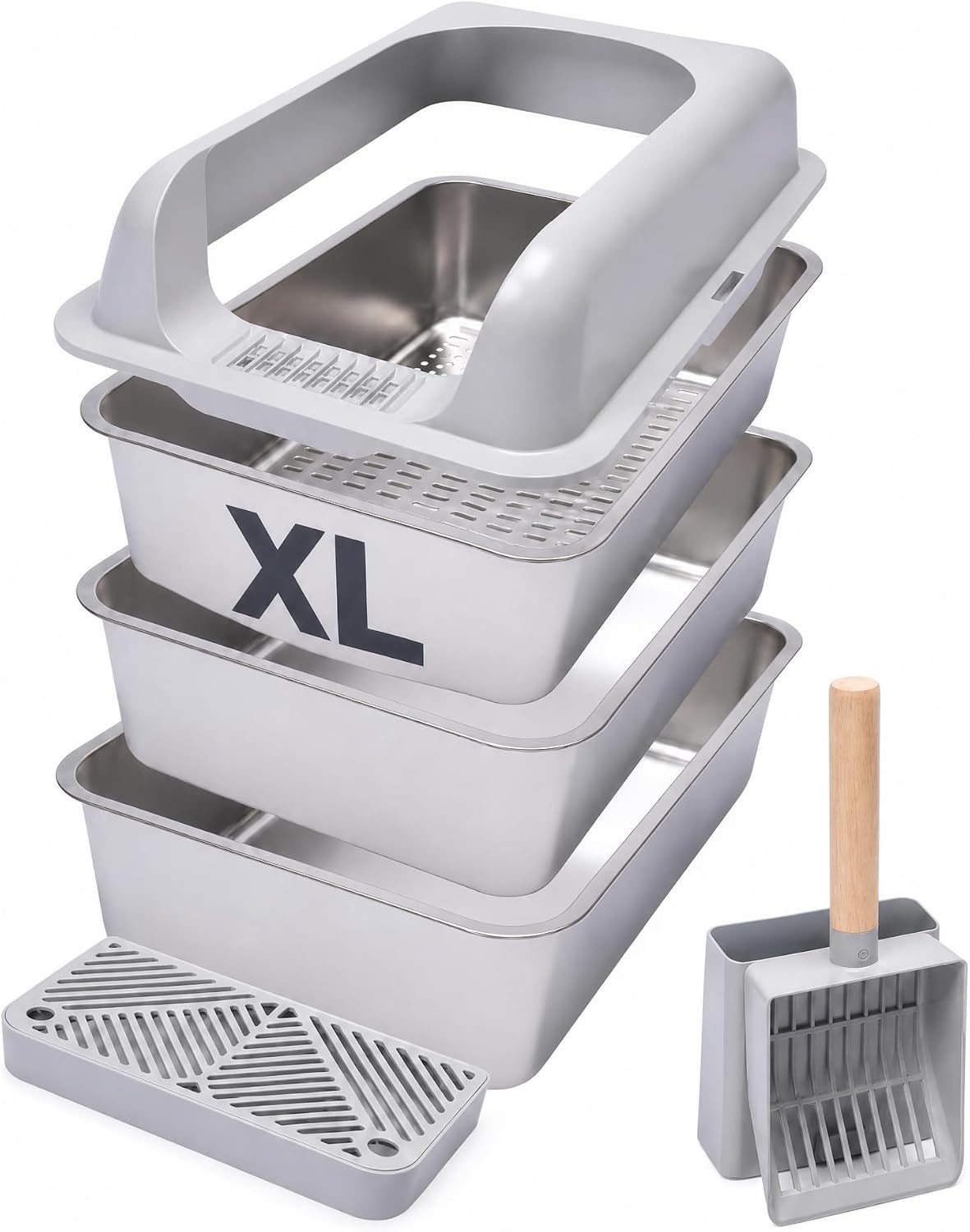 XL Stainless Steel Sifting Cat Litter Box with High Sides and Odor Control | Metal Cat Litter Box With Sifting Tray, Anti-Urine Splash Guard, Non-Slip Feet, Entry Step And Scoop Holder For Clean Homes