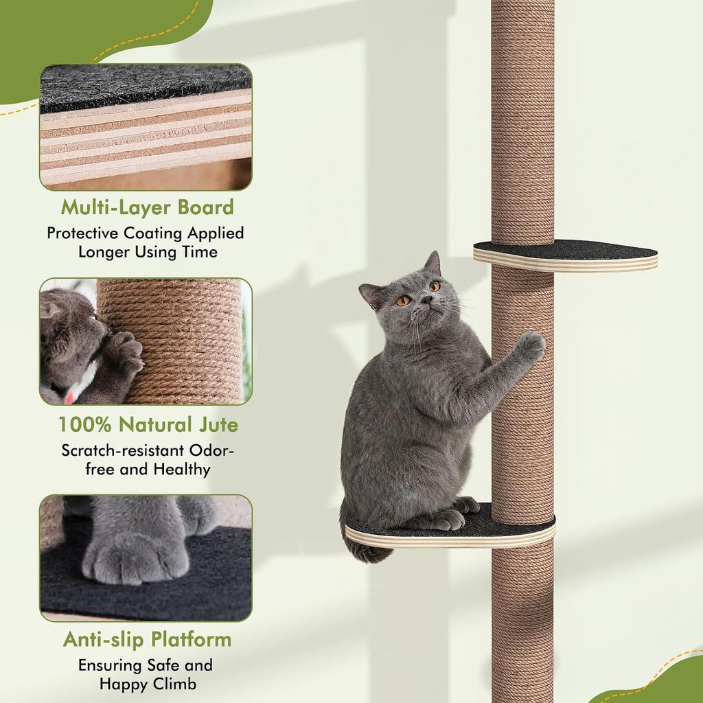 Tall Cat Tree Wall Mounted for Large Cats, 82 inch Scratching Post with Toys, Floor to Ceiling Cats Tower for Corner Area, Kitty Wall Shelf for Sleeping Playing Lounging Perching