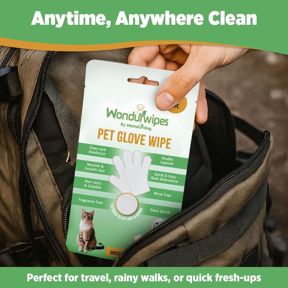 Wondurdog Pet Glove Wipes for Dogs and Cats, No Rinse Grooming, 12 Count