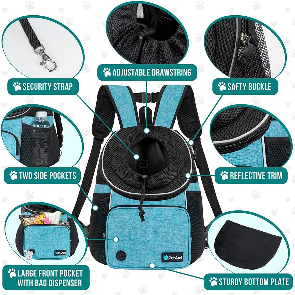 PetAmi Adjustable Cat & Dog Chest Carrier Backpack, Ventilated for Hiking & Camping, Max 15 lbs, Teal Blue