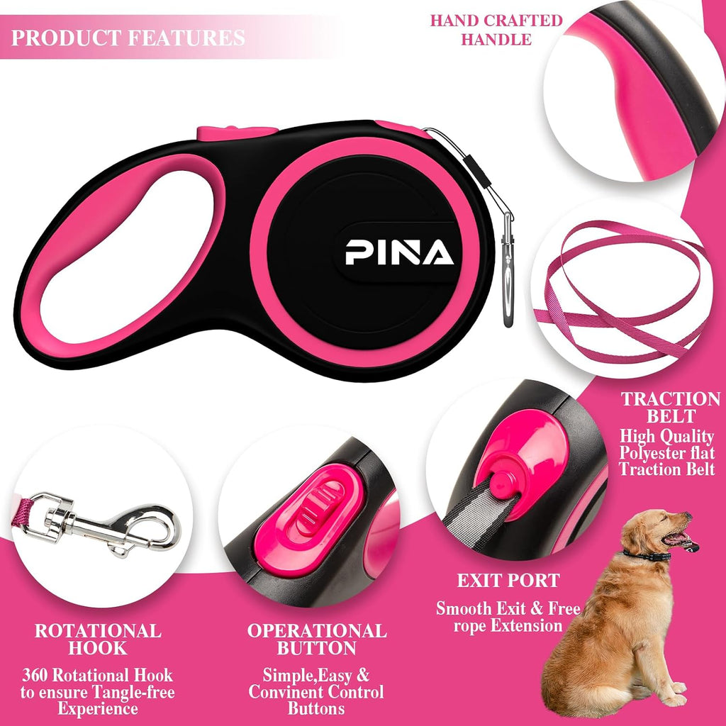 PINA Retractable Dog Leash, 10ft Dog Leash for Small Dogs Up to 33lbs, 360° Tangle-Free Strong Reflective Nylon Tape, with Anti-Slip Handle, One-Handed Brake, Lock - Black Pink