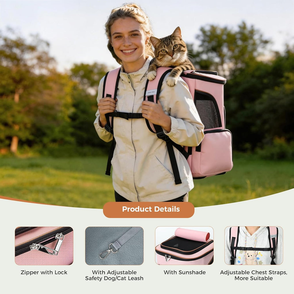 Lekereise Large Cat Backpack Carrier Expandable Pet Carrier Backpack for Small Dogs Medium Cats Fit Up to 18 Lbs, Foldable Puppy Backpack Carrier for Travel, Hiking, Pink