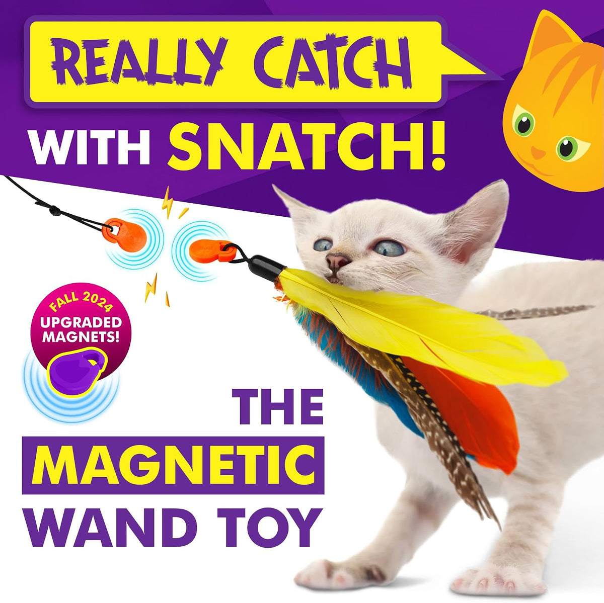 Cat Amazing Snatch - Magnetic Cat Wand Toy! Telescoping, Durable Feather Toy for Cats - Fishing Pole & Teaser Wand String Stick - Cats Can Really Catch!