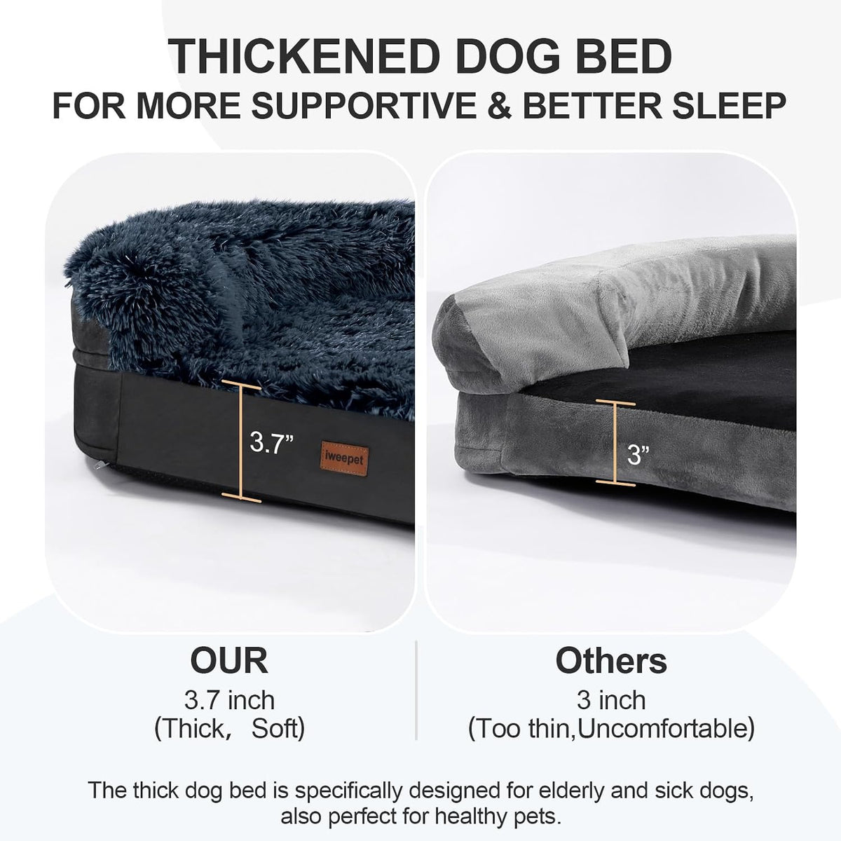 iweepet Fluffy Orthopedic Dog Beds for Large & Extra Large Dogs, 41" Calming Dog Sofa Bed with Supportive 28D Egg-Crate Foam, Removable Washable Cover, Waterproof Lining, for Puppy,Senior,Sick