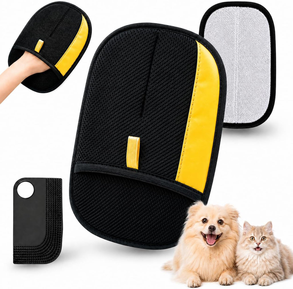 Pet Hair Remover Glove with Silicone Scraper – Reusable Electrostatic Lint & Fur Remover for Dog & Cat Hair on Couch, Carpet, Car Seat, Clothes & Laundry