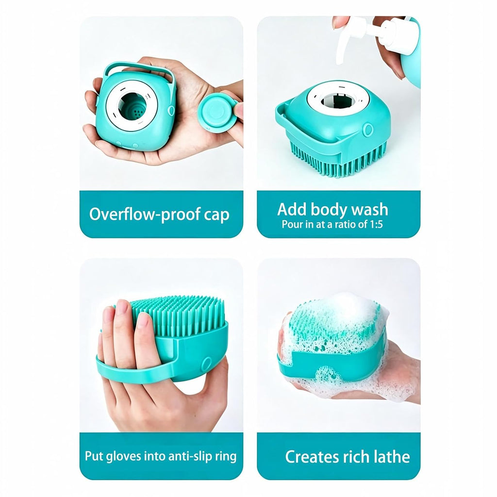 Dog Bath Glove Brush Set, 2PCS Silicone Pet Bathing Gloves with Shampoo Dispenser Scrub Brush, Gentle Massage & Hair Removal Grooming Tool for Dogs Cats Puppy Shower