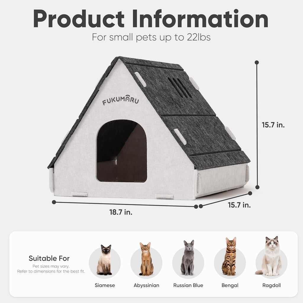 FUKUMARU Cat House Cave Bed for Indoor Cats, Large Warm Felt Cat Hideaway