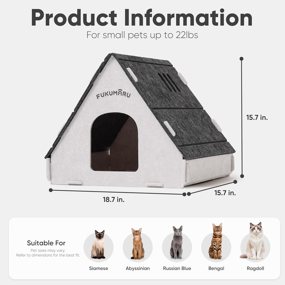 FUKUMARU Cat House Cave Bed for Indoor Cats, Large Warm Felt Cat Hideaway