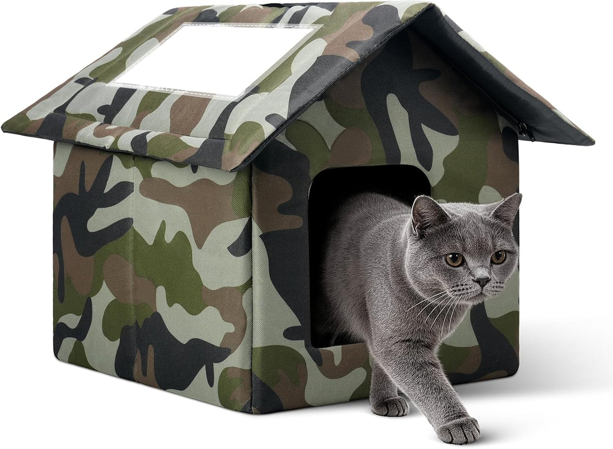 Cat House for Outdoor Cats, Weatherproof Feral Cat House with Mat and Doors, Easy to Put Together, Collapsible Warm Pet Nest Kitty Shelter for Winter, Never Blow Away