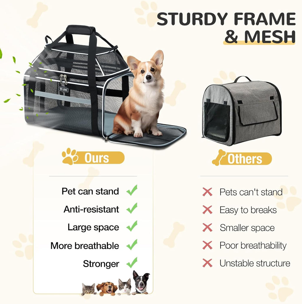 Lekereise Top-Expandable Pet Carrier Full Mesh 17x11x9.5 Inch Airline Approved Soft Sided Underseat Travel Carriers for Small Cats and Dogs with Locking Safety Zippers