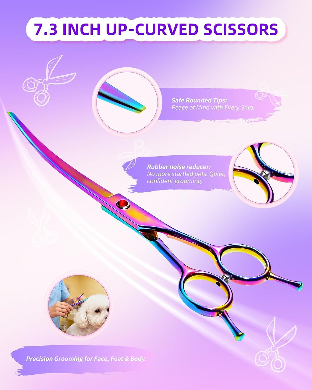 7.3" Dog Grooming Scissor - Professional Down-curved Shear with Ergonomic Handle Stainless Steel Hair Shears for Dogs, Cats and Other Pets - Pet Hair Trimming Scissor(Curved, Iridescent)