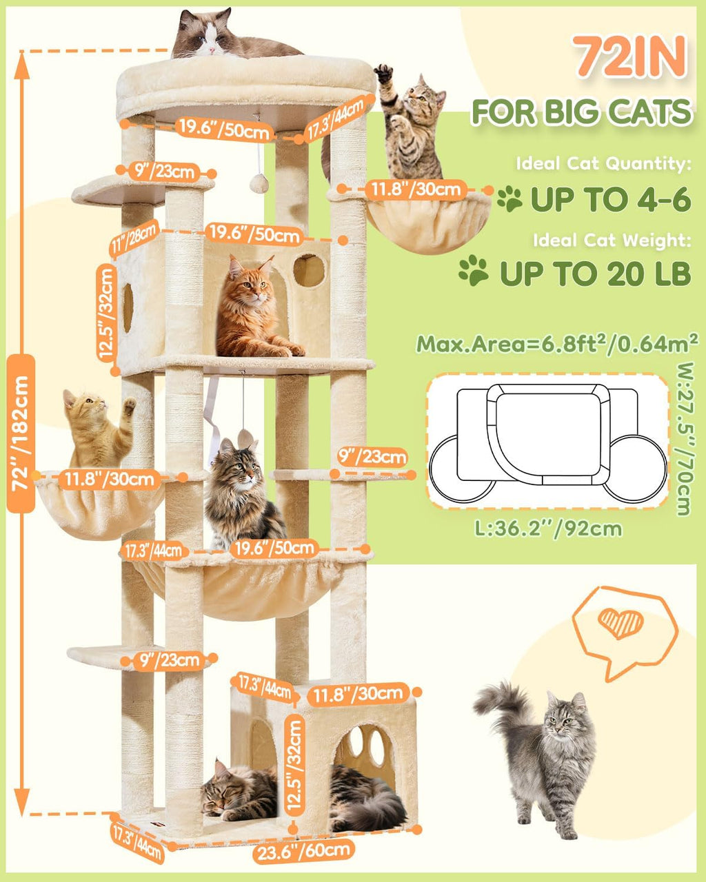 Taoqimiao 72 in Cat Tree, XXL Cat Tower for Indoor Cats Large Adult 25Lbs+