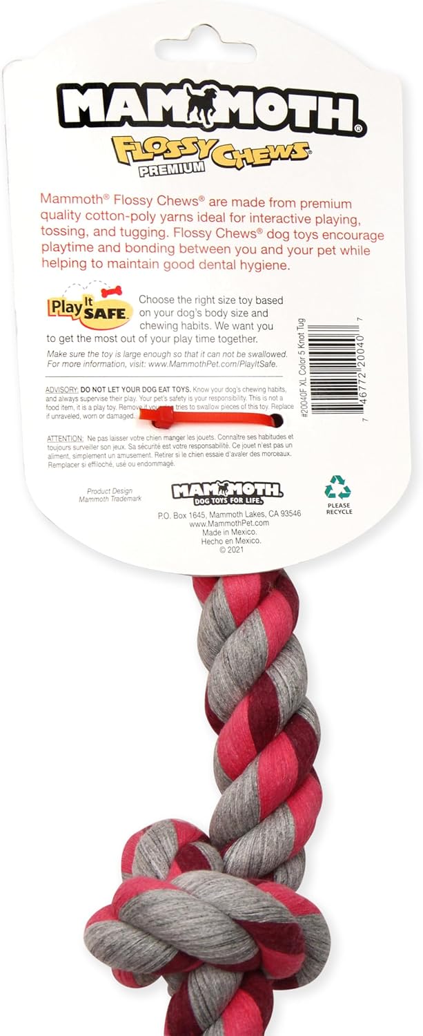Mammoth Flossy Chews Multi Color 5 Knot Rope Tug – Premium Cotton-Poly Tug Toy for Dogs – Interactive Dog Rope Toy – Tug Dog Chew Toy for Big Dogs - X-Large, 36”