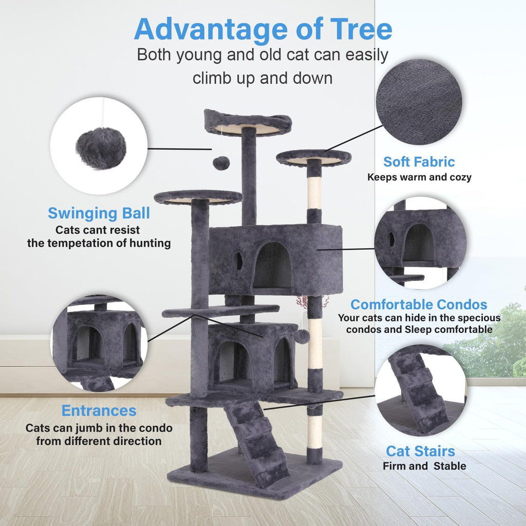 FDW | 54" Cat Tree Tower | Ashy | Multi-Level Indoor Activity Center