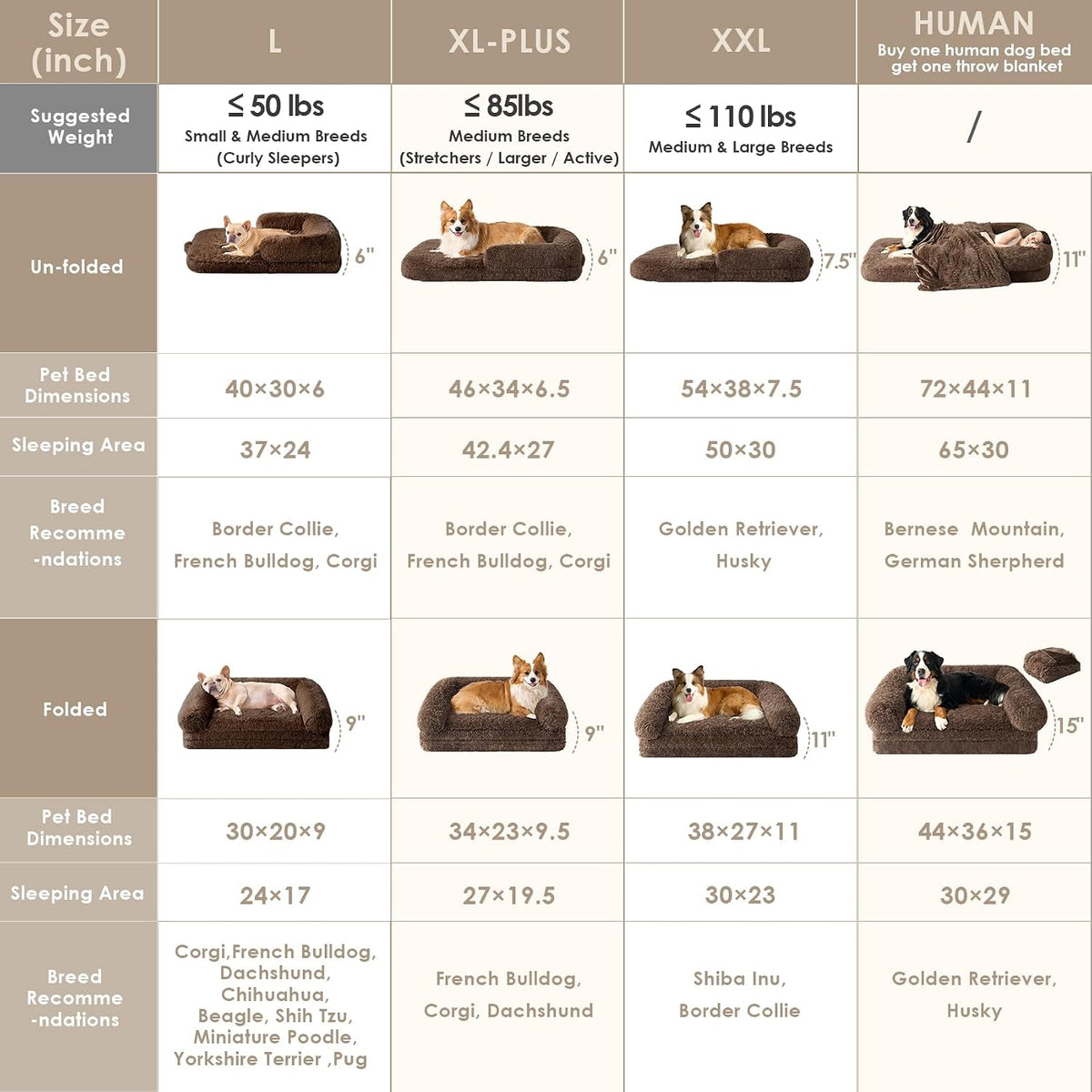 EHEYCIGA Foldable XXL Dog Bed for Large Sized Dog - 54x38x7.5, Brown