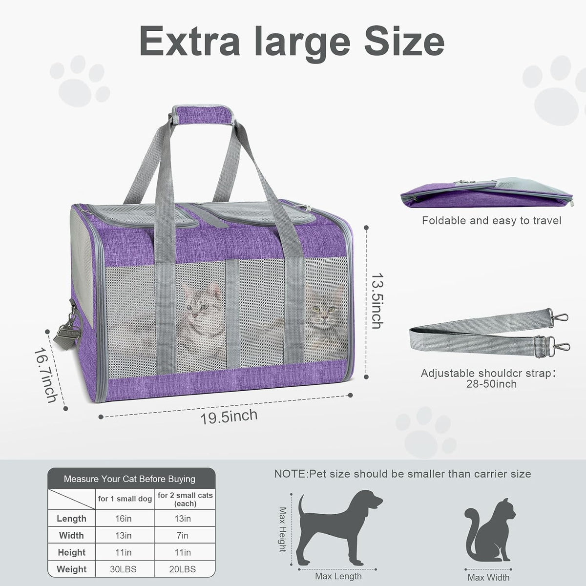 Soft-Sided Cat Carrier for 2 Cats, Gray, Breathable Mesh Design, Airline Approved Travel Bag for Small to Large Cats, Expandable with Shoulder Strap (Purple)