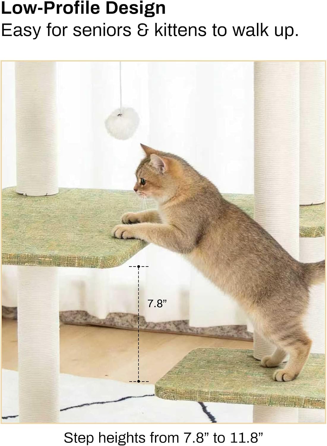 37.5" Cat Tree Tower for Large & Senior Cats, Low-Step Design