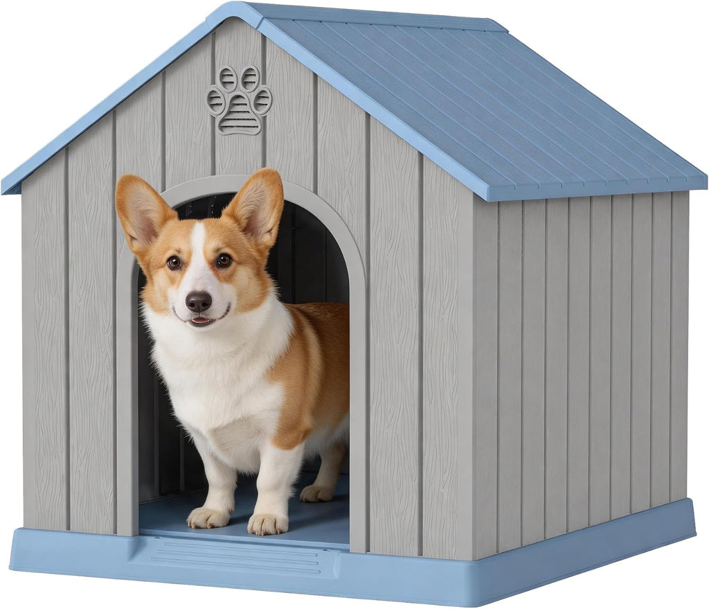 Dog House Outdoor, Plastic Small Dog House-Weatherproof Design with Air Vents & Elevated Floor for Small to Medium Dogs, Easy Clean and Assemble (Classic Blue, 26''L × 23.6''W × 25.8''H)