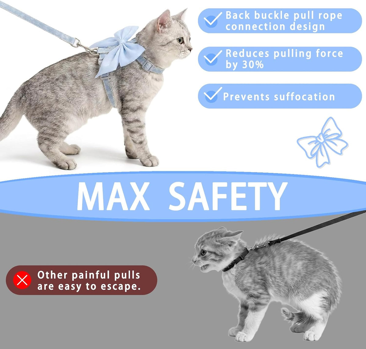 Tensho Blue Bow Cat Harness and Leash Set, Escape Proof, M