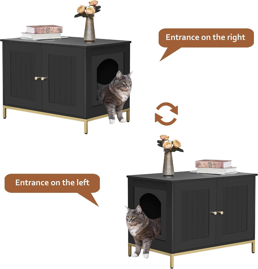 Homhedy 28.3" L Cat Litter Box Enclosure with Metal Frame, Black and Gold