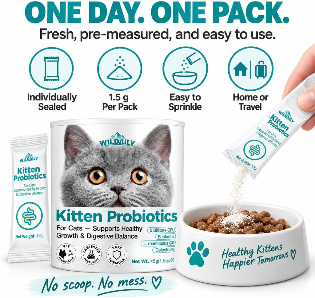 Kitten Probiotics with Colostrum, 5 Billion CFU Cat Probiotic Powder with B. infantis + L. rhamnosus GG, Digestive & Immune Support for Growing Kittens, 30 Daily Stick Pack