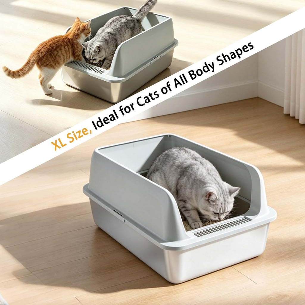 Stainless Steel Cat Litter Box, 2-Piece XL Enclosed Litter Box, Anti-Splash & Leak-Proof Metal Litter Box, Safe Arc Edge Odor Control Design with Scoop for Indoor Multi-Cat Use