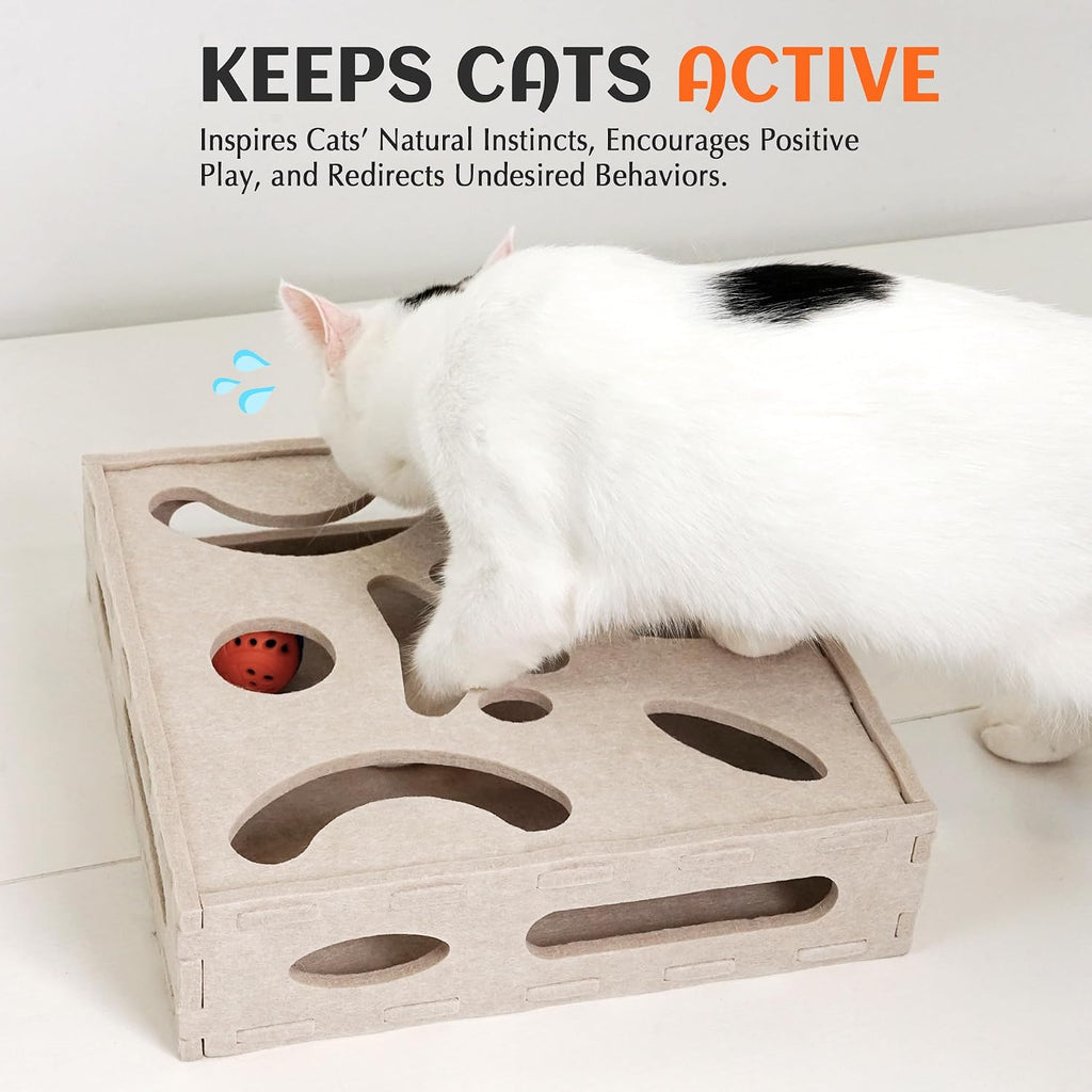 PETKARAY Felt Cat Puzzle Toy, Interactive Cat Toys for Indoor Cats, Interactive Maze for Kitten Felt Puzzle Box with Ball, Beige