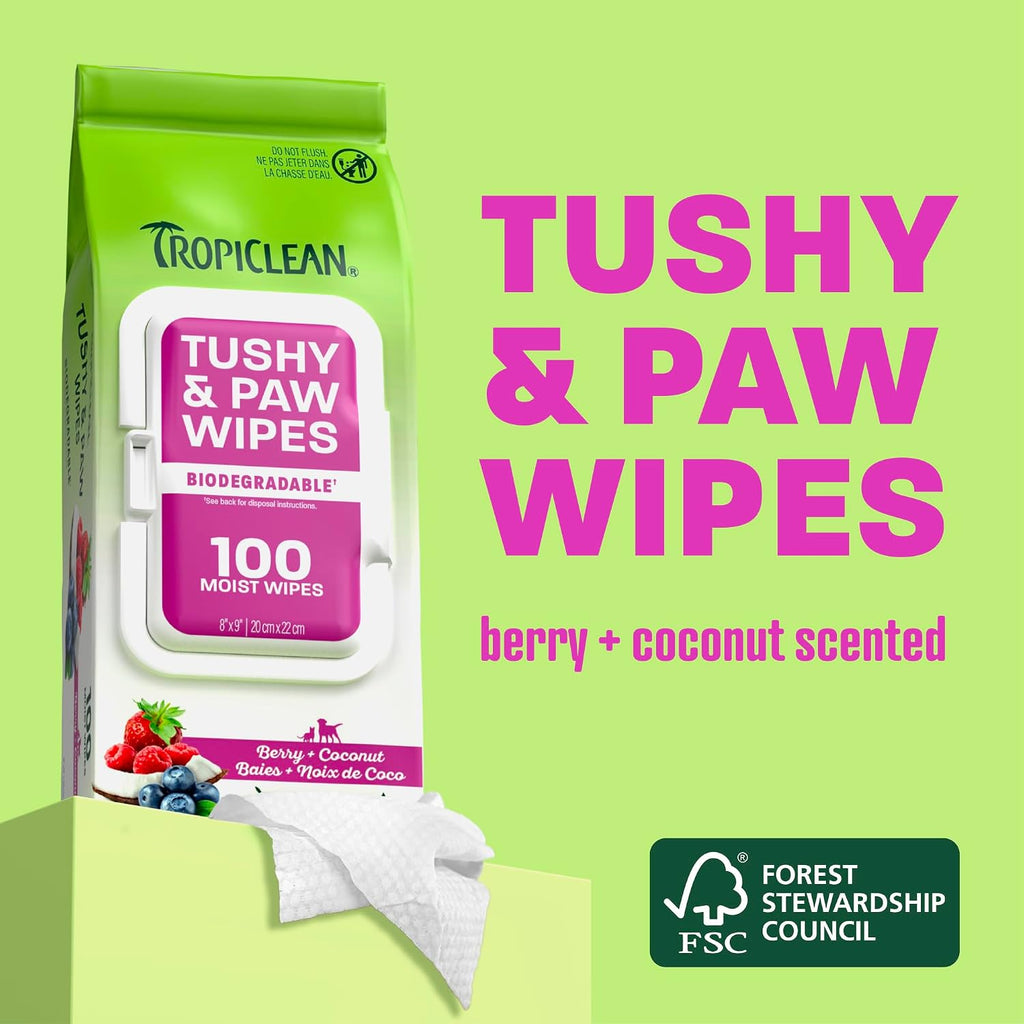 TropiClean Dog Wipes for Cleaning Paws & Tushy, Berry & Coconut Scent,100ct 