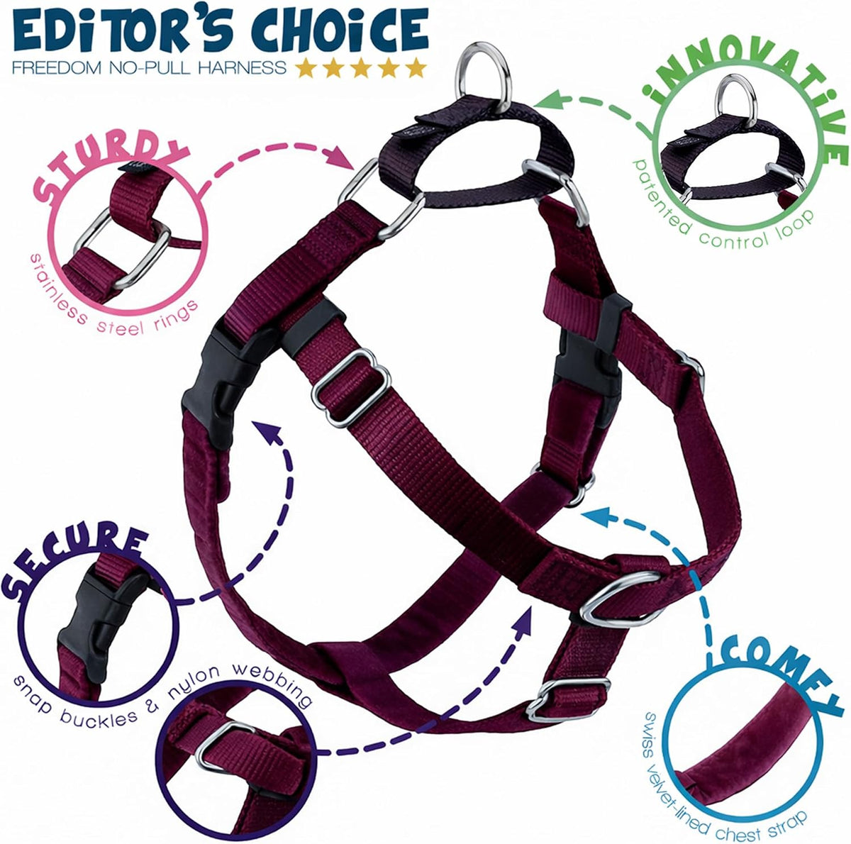 2 Hounds Design Freedom No Pull Dog Harness and Leash, 1" XXL, Burgundy