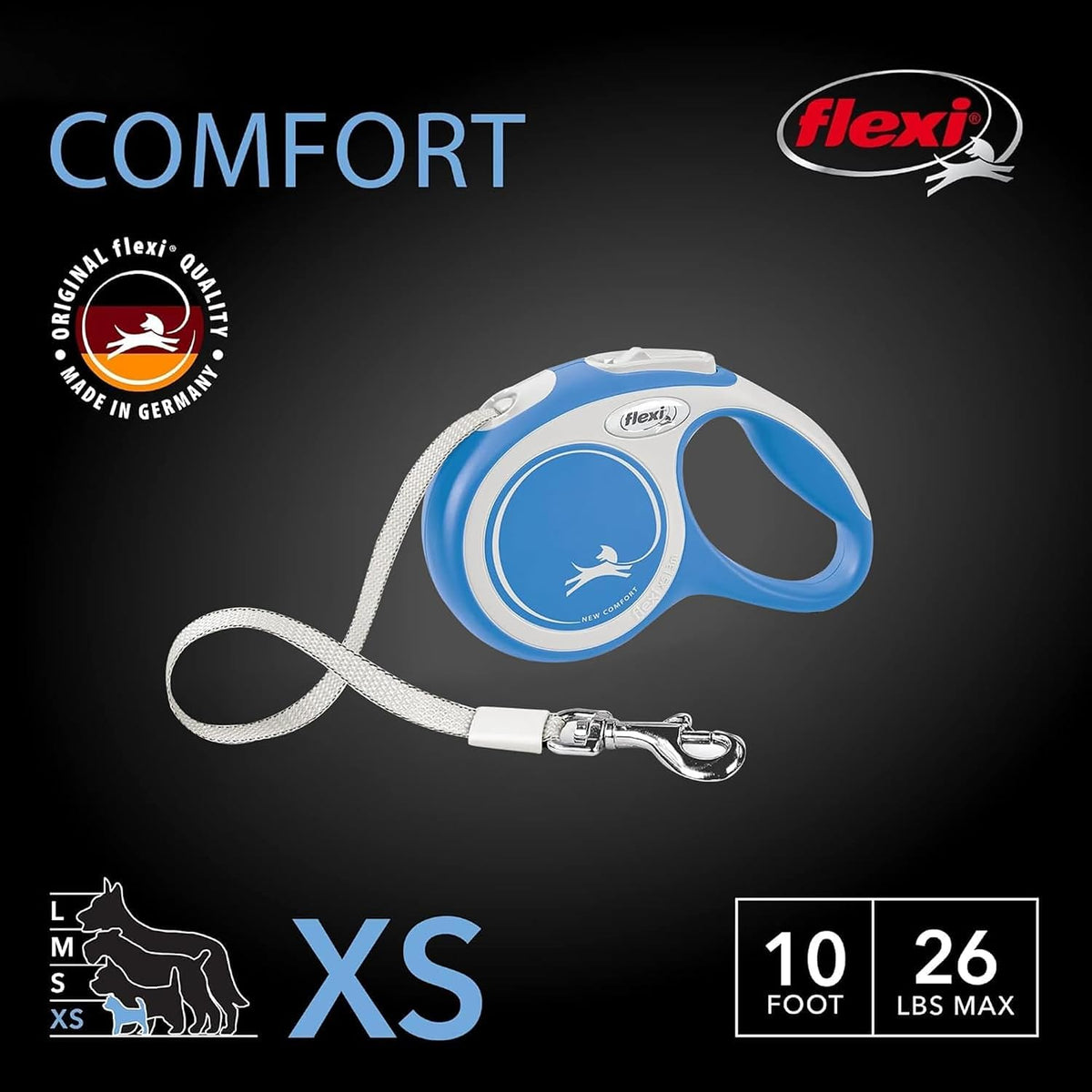 FLEXI® Comfort XS Tape Retractable Dog Leash, 3-Finger Grip, 10 ft - Blue