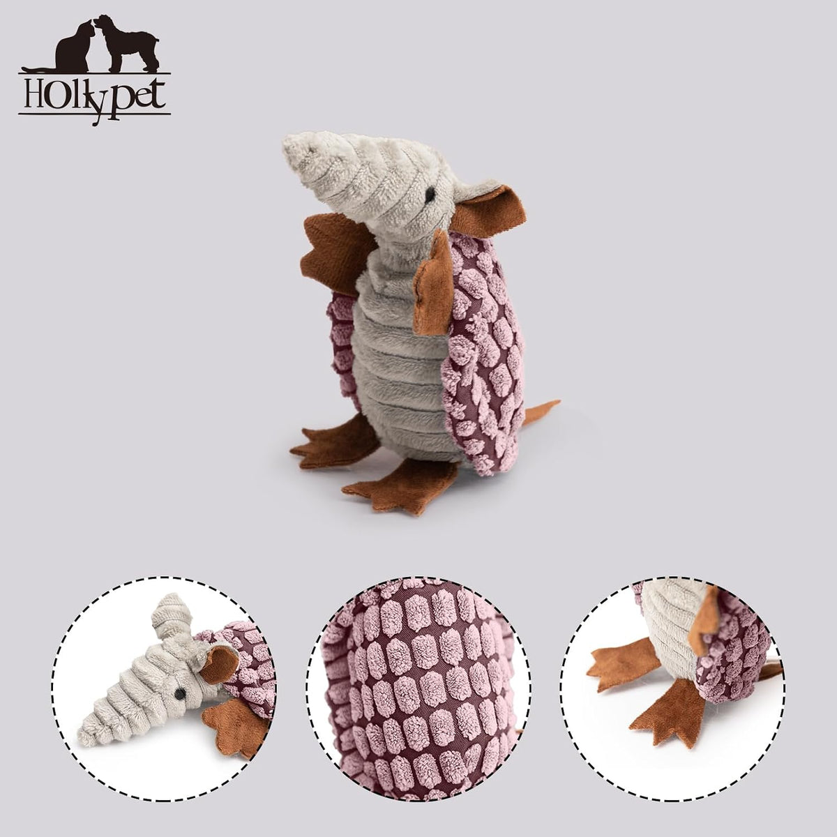 Hollypet Armadillo Squeaky Puppy Dog Toys for Small Medium Dogs, 6" | plush stuffed small dog squeak animal toy with unique grunt squeaker textured fabric for teeth cleaning toys