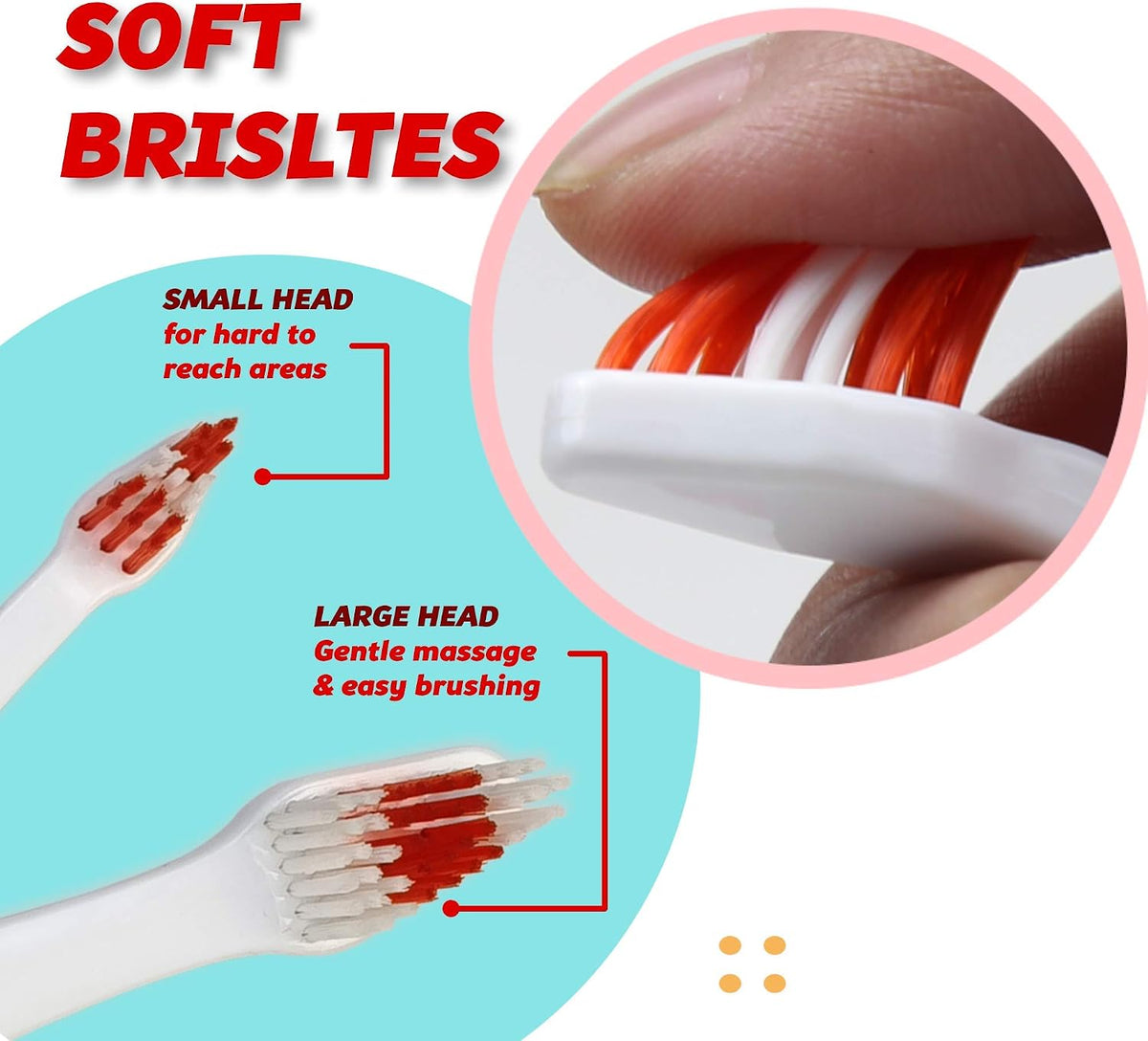 Pet Toothbrush for Dogs, Cats with Soft Bristles - Easy Teeth Cleaning & Dental Care, Non Slip Dual Head Dog Toothbrush for Medium & Large Pets, Toothpaste Not Included, Pack of 4 Red 
