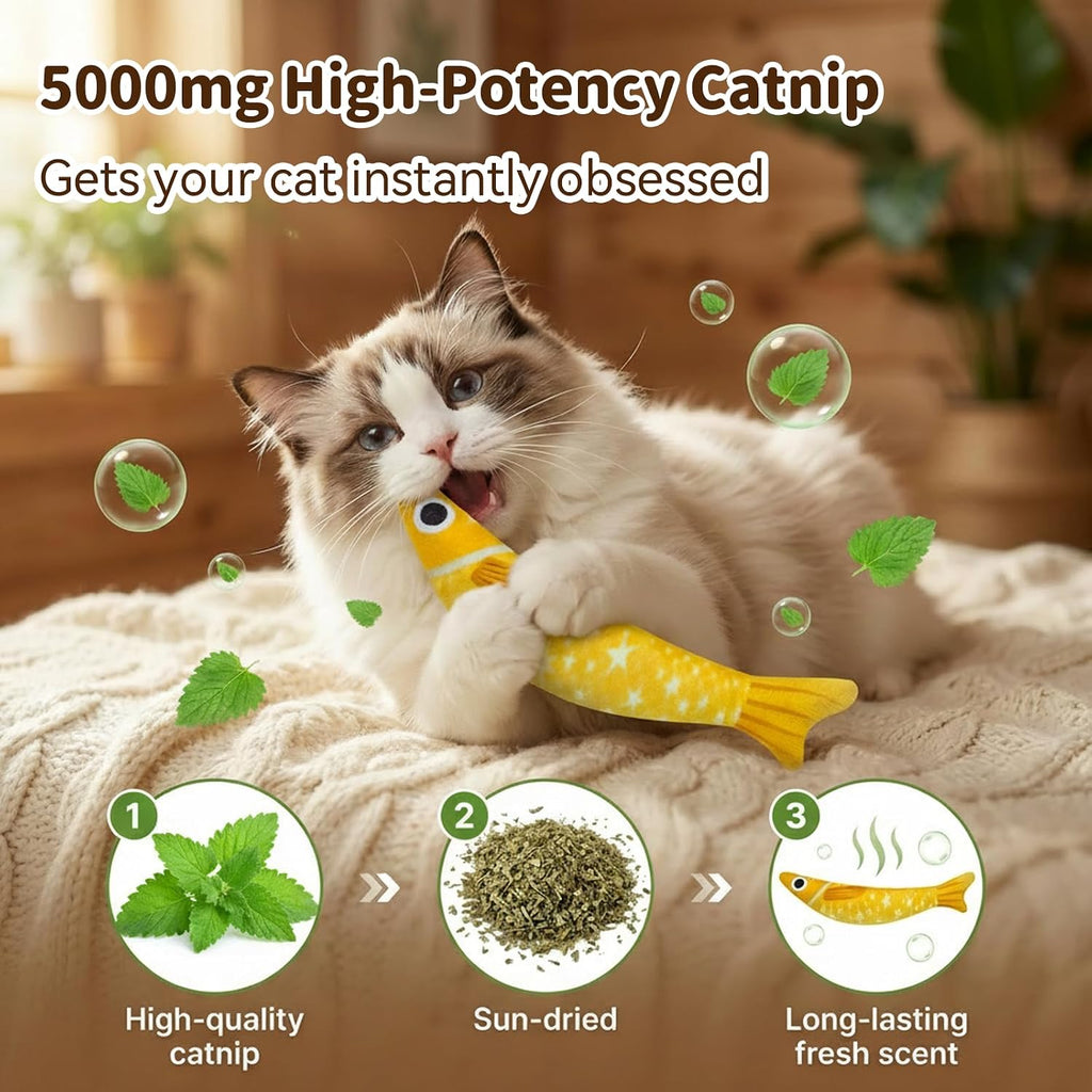 Cat Toys for Indoor Cats, Fish-Shaped Pillow, 2 Pack Yellow + Purple | 5000mg A+Natural Catnip & Bell, Interactive Soft Chew Kicker, For Indoor Cats & Kittens, Crinkle & Bell Fish Sound Toy