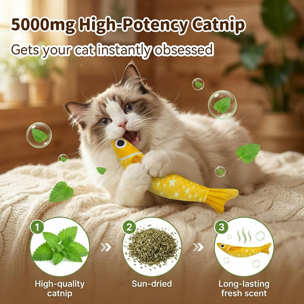 Cat Toys for Indoor Cats, Fish-Shaped Pillow, 2 Pack Yellow + Purple | 5000mg A+Natural Catnip & Bell, Interactive Soft Chew Kicker, For Indoor Cats & Kittens, Crinkle & Bell Fish Sound Toy