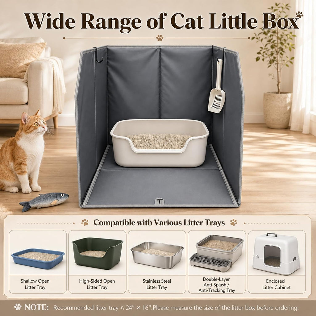 Lawei Waterproof Cat Litter Box Enclosure Splash Guard with Removable Mat and 2 Hooks, Foldable Open-Top Litter Box Enclosure with High Sides, Anti-Leakage Kitty Litter Box Cover Shields, 24x16x16 in