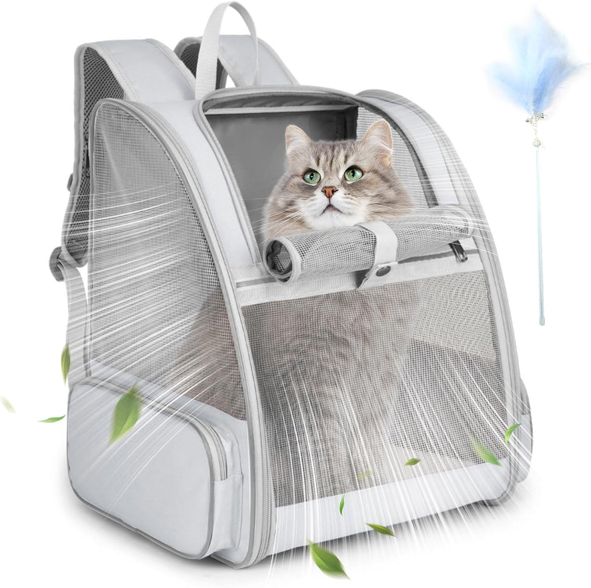 Cat Backpack Carrier, Small Dog Carrier Backpack with Fully Ventilated Mesh, Kitten Wand Feather Toy & Safety Leash, Collapsible Travel Hiking Pet Carrier for Small Dogs Cat Puppy Kitten Bunny (Grey)