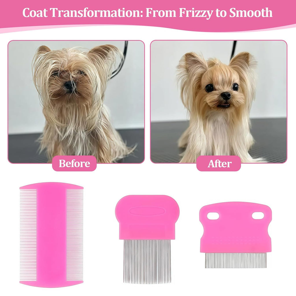6 Pack Pet Grooming Combs, Stainless Steel Dog and Cat Grooming Combs with Rounded Teeth, Double-Sided Professional Pet Tear Stain Remover for Small, Medium, and Large Pets (Pink)