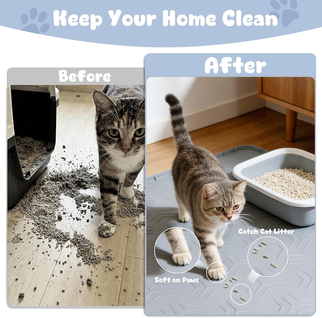 JUJOMAT Cat Litter Box Mat, 50"×35" Large Silicone Cat Litter Trapping Mat | Non-Slip Gray Kitty Litter Mat for Indoor Cats, Waterproof Pet Food Mats Easy to Clean & Soft on Kitty Paws