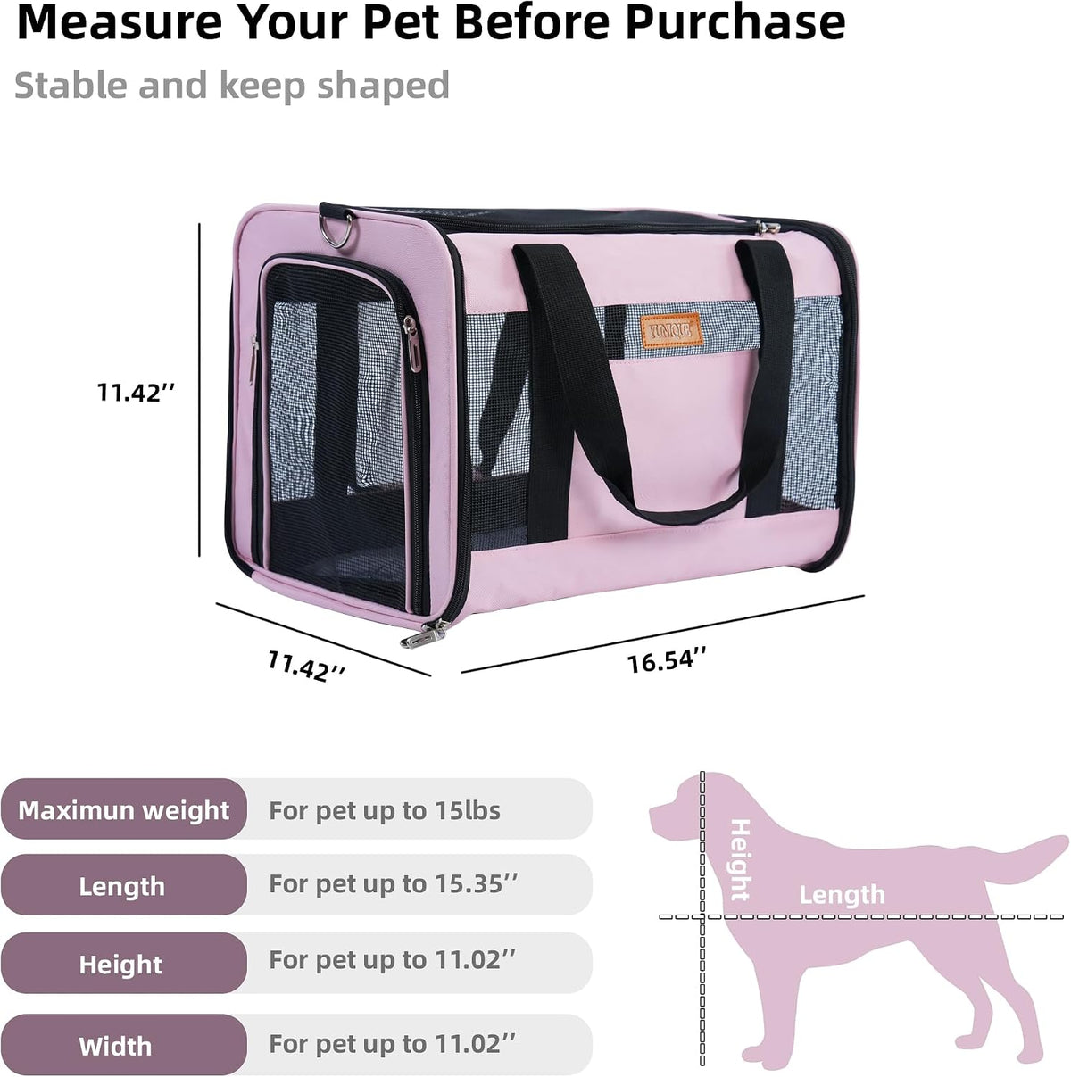 YUNIQUE Soft-Sided Cat & Dog Carrier for Pets Up to 15 Lbs, Airline Approved Collapsible Travel Puppy Carrier with Lightweight Fabric Design (Pink)