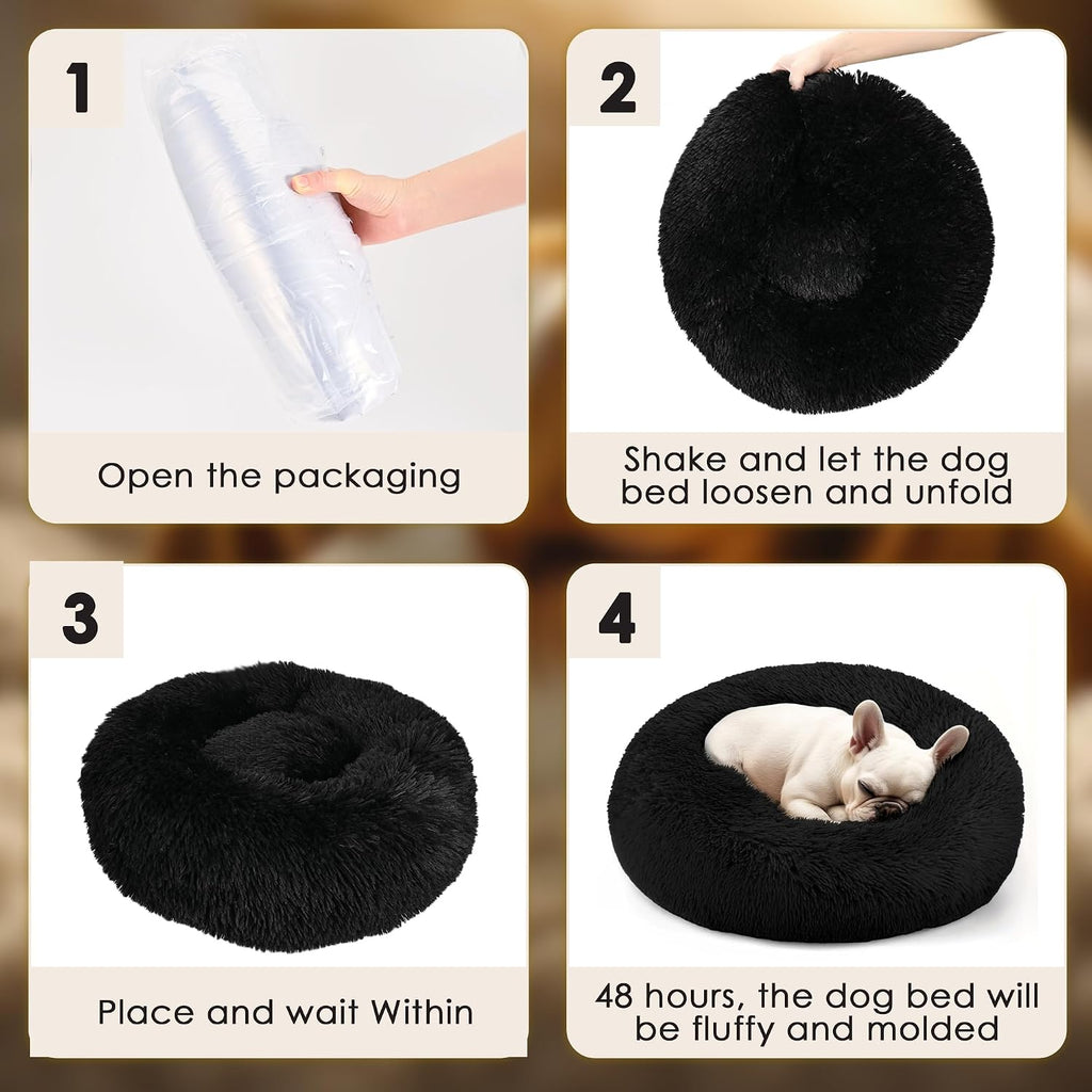 28in Large Dog Bed, Calming Donut Bed for Puppy and Kitten (Black)