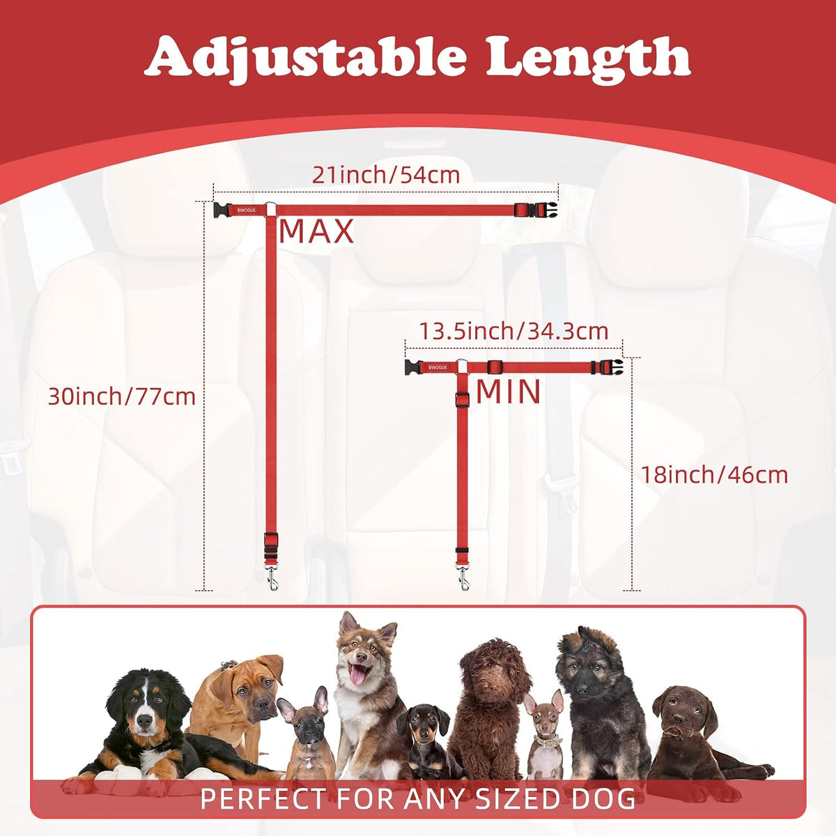 BWOGUE 2 Pack Dog Seat Belt for Car, Headrest Restraint Safety Strap, Red