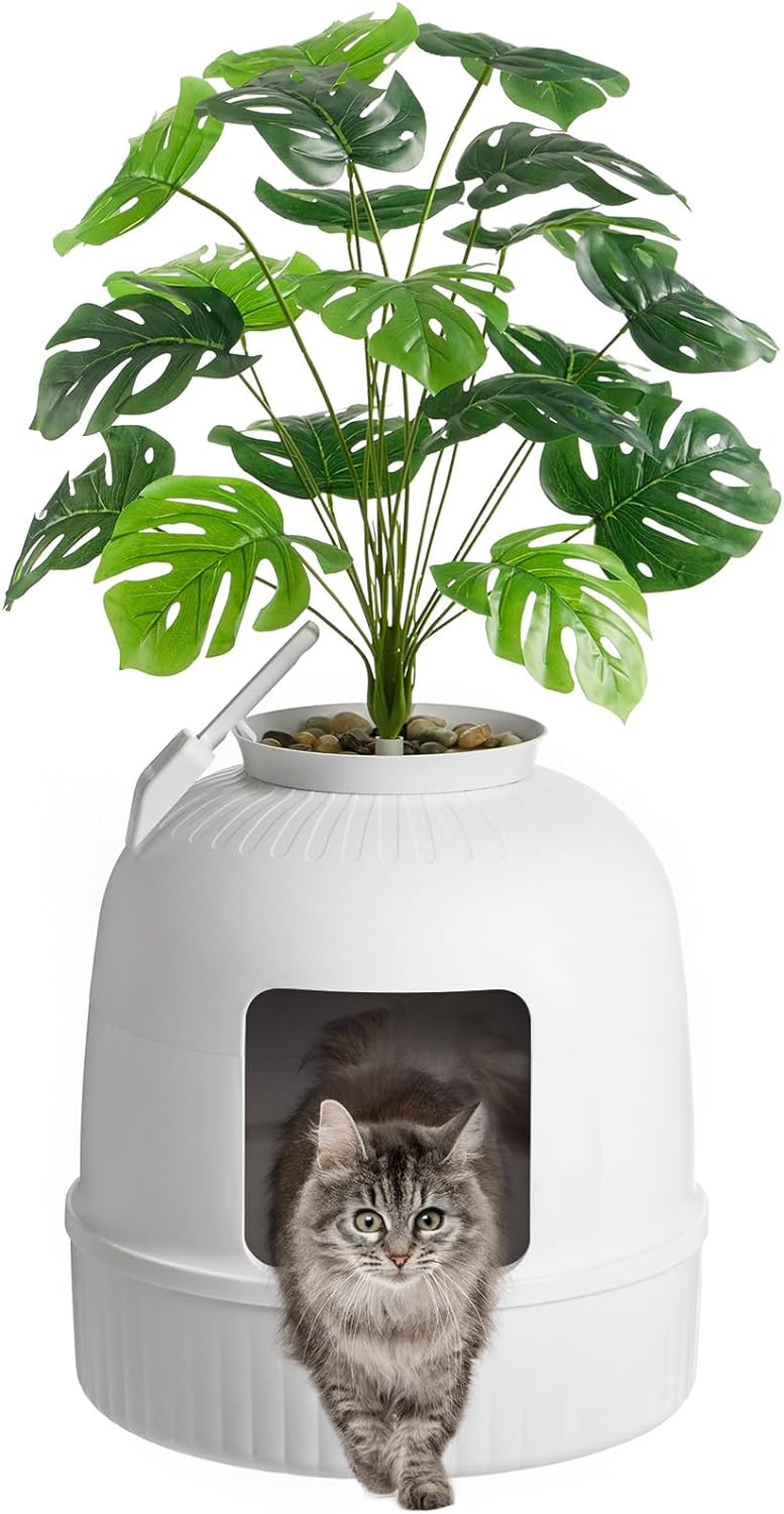 Lifewit Hidden Plant Cat Litter Box with Plastic Scoop, White | Extra Large Enclosure Litter Tray with Carbon Filter& Odor Control, Aesthetic Cats Stuff for Living Room, Bathroom, Corner