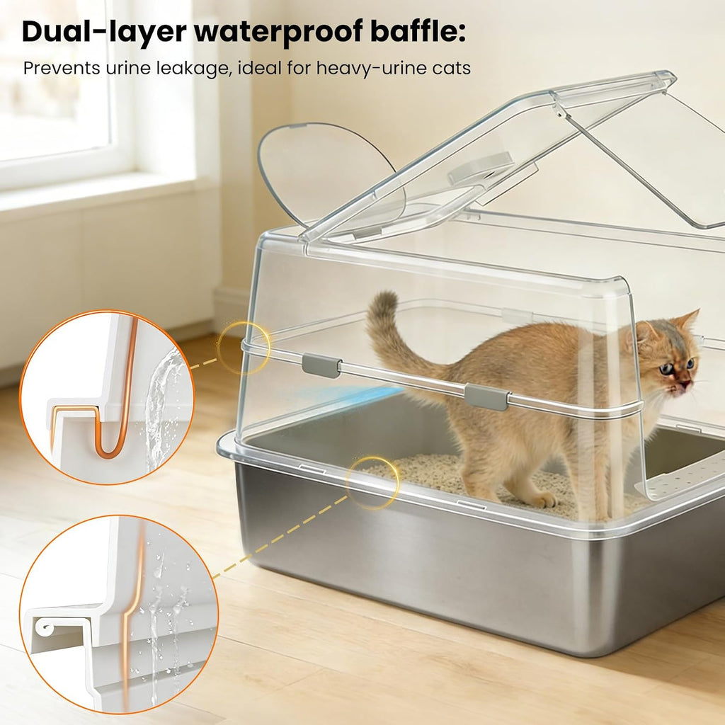 Extra Large Stainless Steel Cat Litter Box with 120° Lid for Multiple Cats, Enclosed Top Entry Litter Box High-Sided Anti-Leak Litter Box, Dog Proof Litter Boxes with Litter Step & Scoop