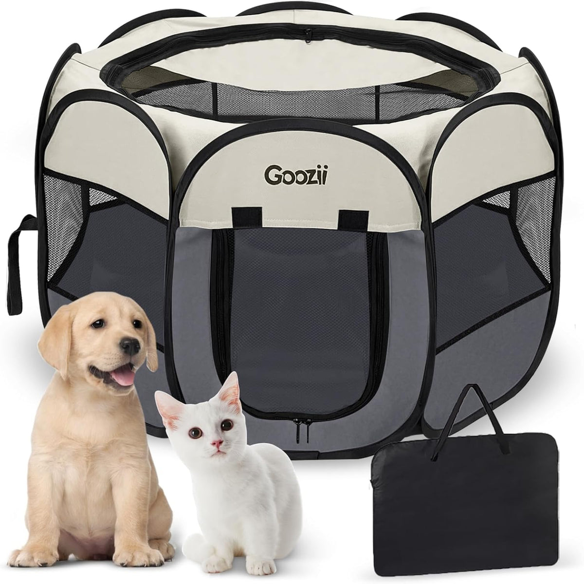 Goozii Pet Cat Playpen for Indoor Cats Enclosed, Puppy Dog Play Pen for Outdoor Travel Camping (Small Size, Beige & Dark Grey)
