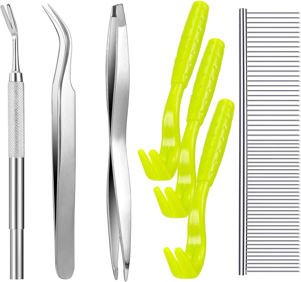 Boao 7 Pcs Tick Removal Tool Kit, Include 3 Plastic Removers, 3 Stainless Steel Tweezers with Comb for Dog and Cats(Fluorescent Green)